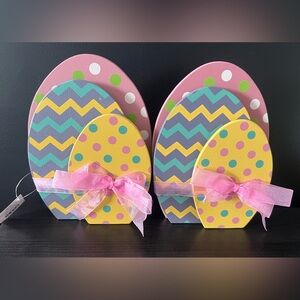 NEW Easter Decor 3 Patterned Stacked Eggs with Ribbon Set (2) Wood